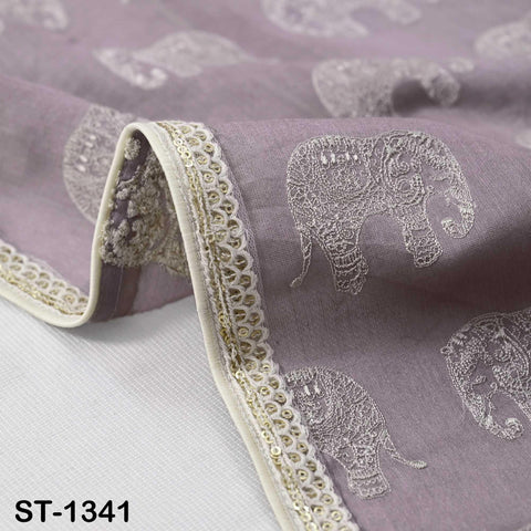 Mauve Chanderi Embroidered Elephant Dupatta, Bridal Wedding Veil, Scarf, Stole