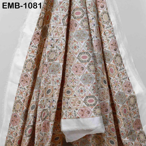 Off White Viscose Dupioni Fabric with Pastel Embroidery – By the Yard Sewing Crafting Textiles