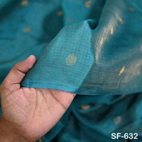 Pure Mysore Silk Fabric by Yard, Teal Gold Zari Buttie Indian Wedding Dress Material