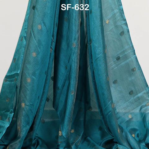 Pure Mysore Silk Fabric by Yard, Teal Gold Zari Buttie Indian Wedding Dress Material