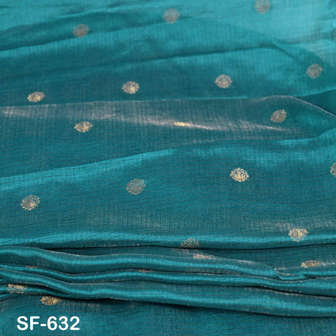 Pure Mysore Silk Fabric by Yard, Teal Gold Zari Buttie Indian Wedding Dress Material
