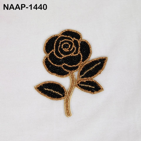 4 Hand Beaded Black & Gold Rose Patch, Embroidered Floral Applique, Sew-On Rose Motif for Jackets, Bags, Dress, Costumes, Halloween Festival