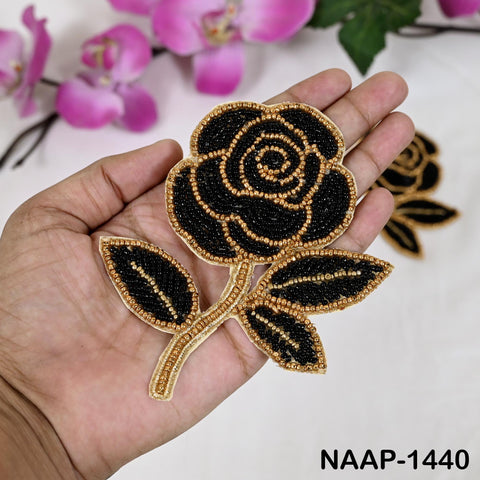 4 Hand Beaded Black & Gold Rose Patch, Embroidered Floral Applique, Sew-On Rose Motif for Jackets, Bags, Dress, Costumes, Halloween Festival