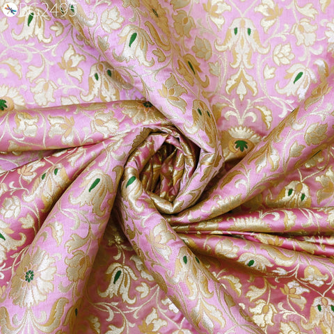 Pink Banarasi Silk Brocade Fabric By Yard – Floral Indian Wedding Dress Material