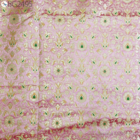 Pink Banarasi Silk Brocade Fabric By Yard – Floral Indian Wedding Dress Material