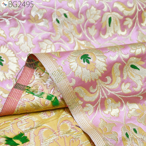 Pink Banarasi Silk Brocade Fabric By Yard – Floral Indian Wedding Dress Material