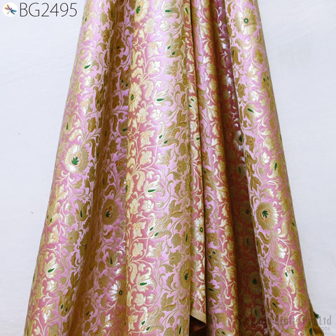 Pink Banarasi Silk Brocade Fabric By Yard – Floral Indian Wedding Dress Material