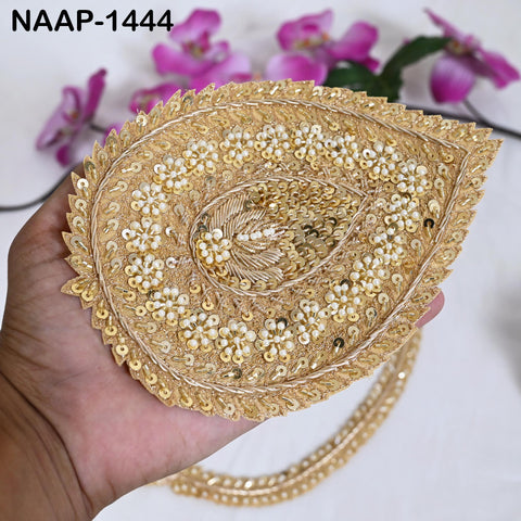 Gold Zardozi Neckline Applique Tear drop | Large Hand Embroidered Pearl & Sequin Patch for Bridal Gown, Saree Blouse, Couture Jacket