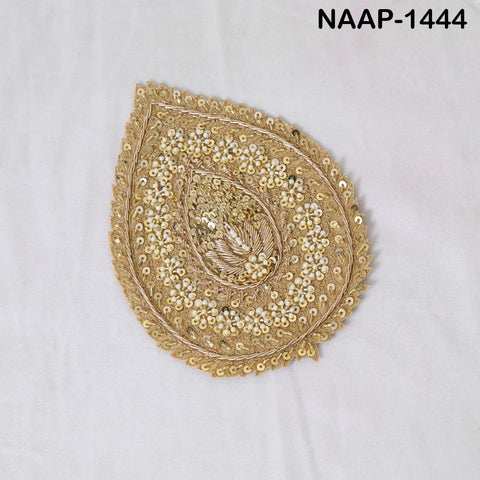 Gold Zardozi Neckline Applique Tear drop | Large Hand Embroidered Pearl & Sequin Patch for Bridal Gown, Saree Blouse, Couture Jacket