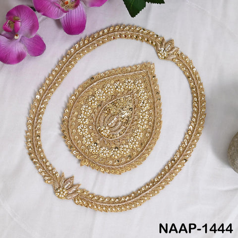 Gold Zardozi Neckline Applique Tear drop | Large Hand Embroidered Pearl & Sequin Patch for Bridal Gown, Saree Blouse, Couture Jacket
