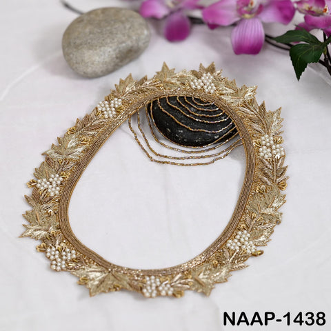 Hand Embroidered Zardozi Neck Patch for Blouse | Antique Gold Oval Neckline Applique with Pearls & Bead Chains | Ethnic Craft Supply