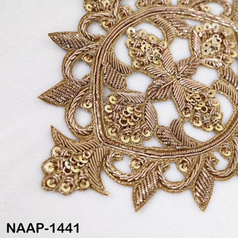 Pair of Gold Metallic Zari & Sequins Appliques on Cotton | Handcrafted Floral Medallion Motif Patches for Garment Sewing and Design