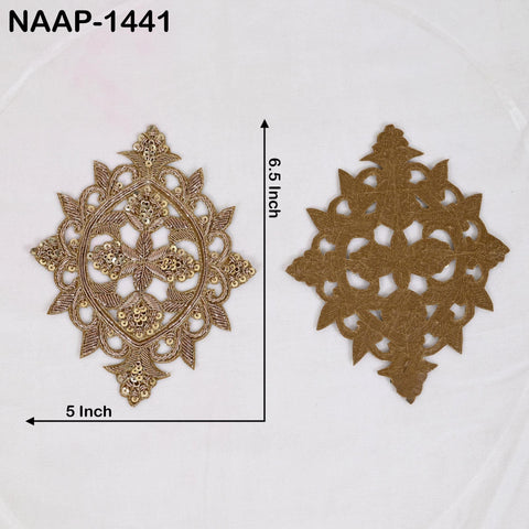 Pair of Gold Metallic Zari & Sequins Appliques on Cotton | Handcrafted Floral Medallion Motif Patches for Garment Sewing and Design