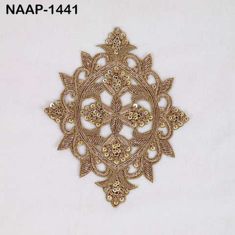Pair of Gold Metallic Zari & Sequins Appliques on Cotton | Handcrafted Floral Medallion Motif Patches for Garment Sewing and Design