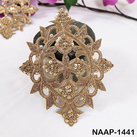Pair of Gold Metallic Zari & Sequins Appliques on Cotton | Handcrafted Floral Medallion Motif Patches for Garment Sewing and Design