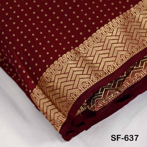 Pure Silk Brocade Fabric by Yard, Maroon Gold Zari Border, Wedding Costume Home Decor