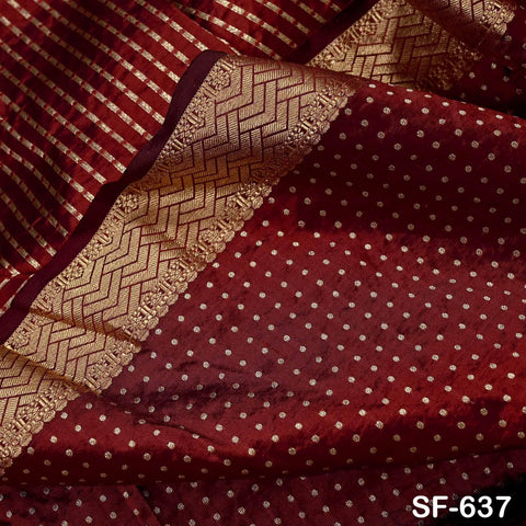 Pure Silk Brocade Fabric by Yard, Maroon Gold Zari Border, Wedding Costume Home Decor