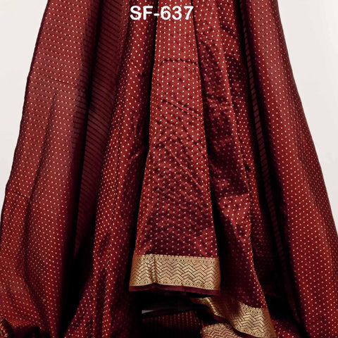 Pure Silk Brocade Fabric by Yard, Maroon Gold Zari Border, Wedding Costume Home Decor