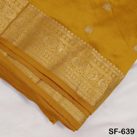 Pure Silk Brocade Fabric by Yard, Yellow Gold Zari Border, Wedding Costume Home Decor