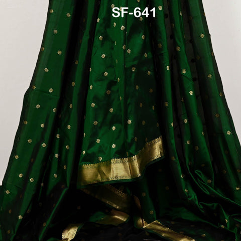 Pure Silk Brocade Fabric by Yard, Green Gold Zari Border, Wedding Costume Home Decor