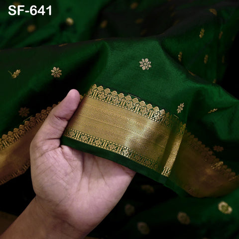 Pure Silk Brocade Fabric by Yard, Green Gold Zari Border, Wedding Costume Home Decor