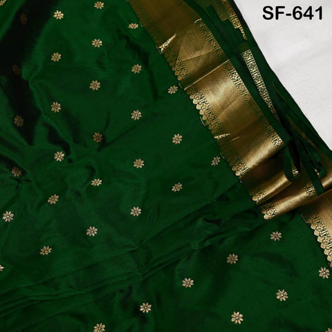 Pure Silk Brocade Fabric by Yard, Green Gold Zari Border, Wedding Costume Home Decor