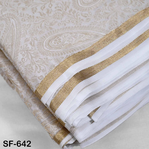 Pure Silk Tissue Jacquard Crepe Fabric, Paisley Gold Border, White Sheen (44" Width)
