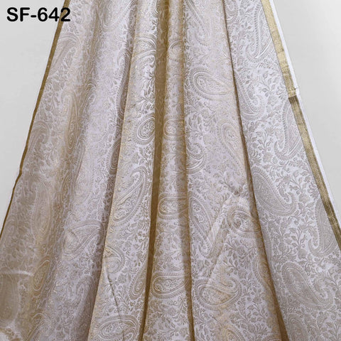 Pure Silk Tissue Jacquard Crepe Fabric, Paisley Gold Border, White Sheen (44" Width)