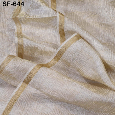 Silk Crepe Tissue Crush Jacquard Fabric, Floral Gold Border, White Sheen (44" Width)