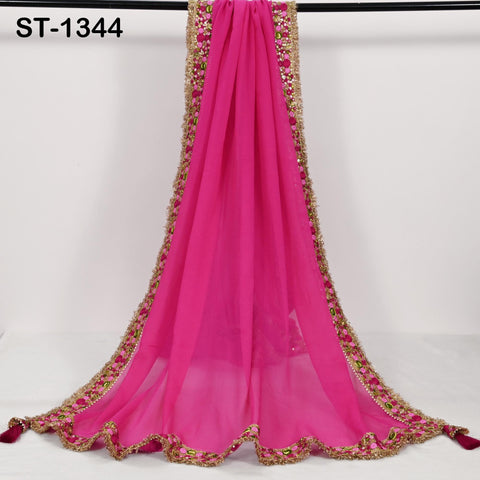 Magenta Chiffon Dupatta, Gold Sequins, Embroidered Border Bridal Wedding Stole Veil Chunni