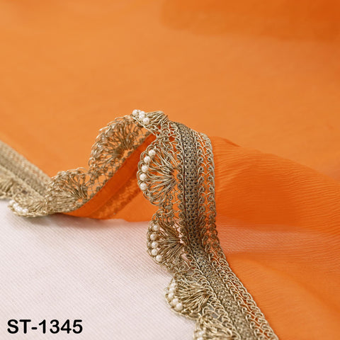 Orange Chiffon Dupatta, Gold Hand Crochet Border, Bridal Wedding Stole