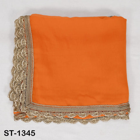 Orange Chiffon Dupatta, Gold Hand Crochet Border, Bridal Wedding Stole