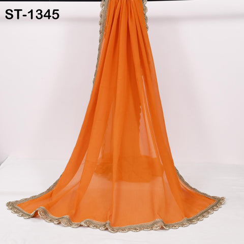 Orange Chiffon Dupatta, Gold Hand Crochet Border, Bridal Wedding Stole