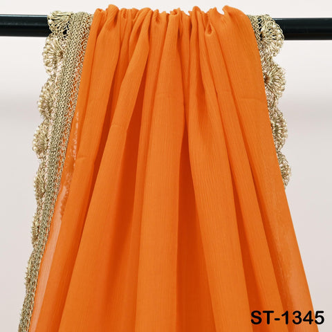 Orange Chiffon Dupatta, Gold Hand Crochet Border, Bridal Wedding Stole