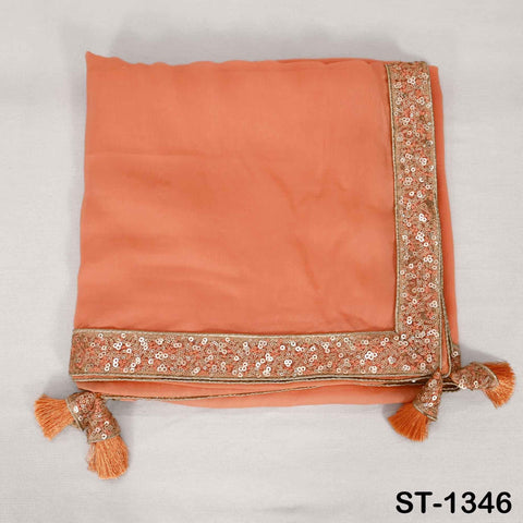Peach Chiffon Dupatta, Gold Sequins, Embroidered Border Bridal Wedding Stole Veil Chunni
