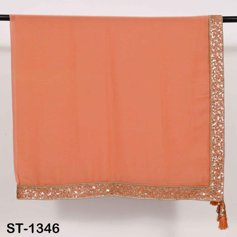 Peach Chiffon Dupatta, Gold Sequins, Embroidered Border Bridal Wedding Stole Veil Chunni