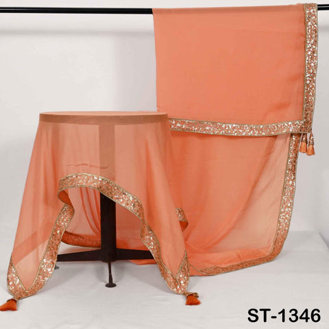 Peach Chiffon Dupatta, Gold Sequins, Embroidered Border Bridal Wedding Stole Veil Chunni