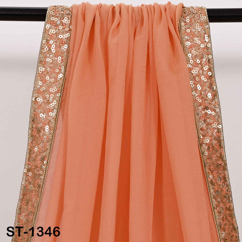 Peach Chiffon Dupatta, Gold Sequins, Embroidered Border Bridal Wedding Stole Veil Chunni