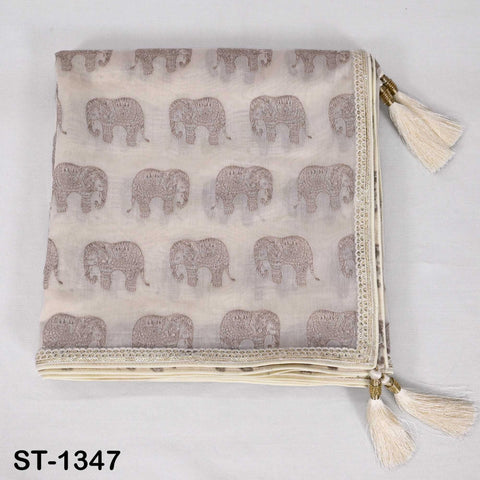 Beige Chanderi Embroidered Elephant Dupatta, Brown Sequins, Bridal Wedding Chunni Veil