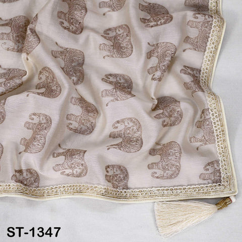 Beige Chanderi Embroidered Elephant Dupatta, Brown Sequins, Bridal Wedding Chunni Veil