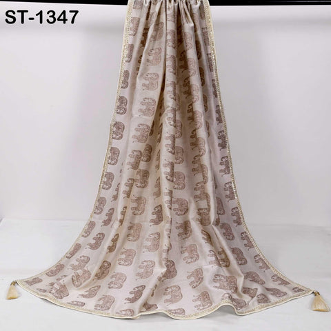 Beige Chanderi Embroidered Elephant Dupatta, Brown Sequins, Bridal Wedding Chunni Veil
