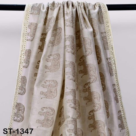 Beige Chanderi Embroidered Elephant Dupatta, Brown Sequins, Bridal Wedding Chunni Veil