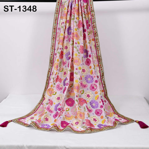 Floral Embroidery Georgette Dupatta with Gold Sequins, Bridal Wedding Stole, 2.5 Yards