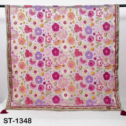 Floral Embroidery Georgette Dupatta with Gold Sequins, Bridal Wedding Stole, 2.5 Yards