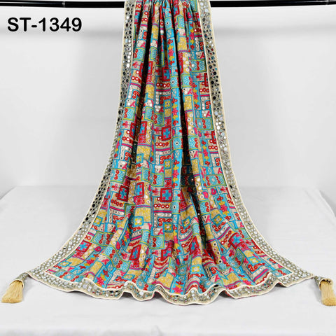 Embroidered Georgette Dupatta with Mirror Work Border, Floral Design Chunni
