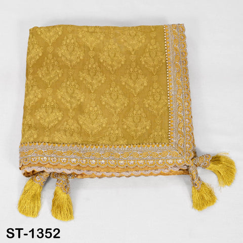 Mustard Yellow Embroidery Dupatta with Gold Sequins, Bridal Wedding Stole, 2.5 Yards