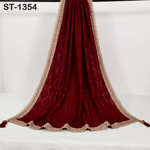 Deep Red Embroidery Dupatta with Gold Sequins, Bridal Wedding Stole, 2.5 Yards