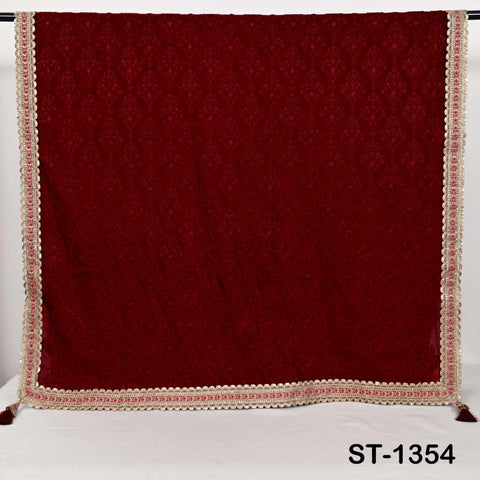 Deep Red Embroidery Dupatta with Gold Sequins, Bridal Wedding Stole, 2.5 Yards