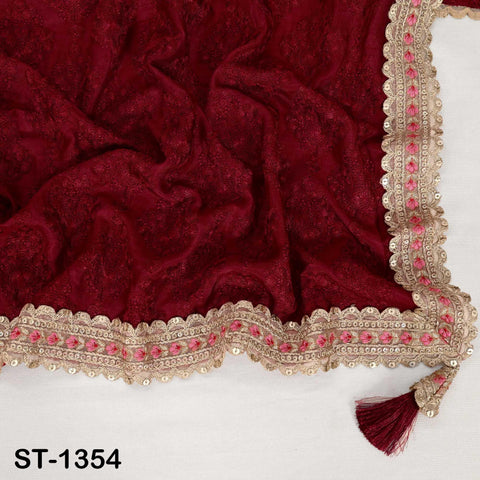 Deep Red Embroidery Dupatta with Gold Sequins, Bridal Wedding Stole, 2.5 Yards