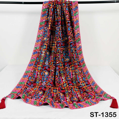 Embroidered Georgette Dupatta with Mirror Work Border, Floral Design Chunni